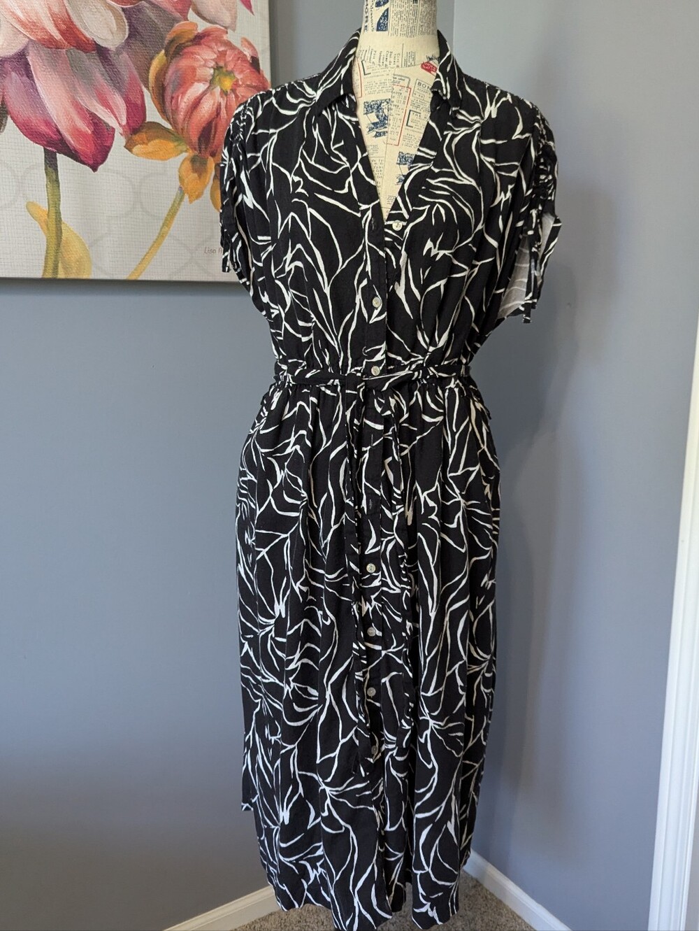 Black and White Button Front Midi Dress